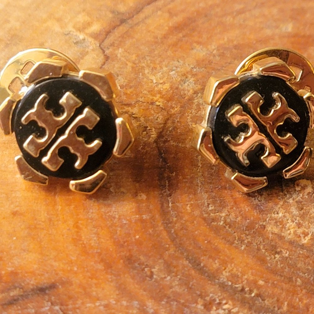 Tory Burch Black double and gold leather wrap bracelet and black gold logo earri